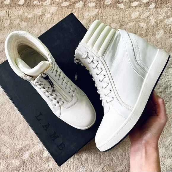 L.A.M.B Georgi White Leather Hidden Wedge Zip Up High Top Sneaker Size 8 1/2 - Picture 15 of 15